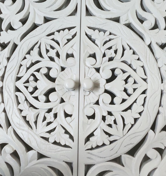 Hand Carved Wooden Wall Cabinet: Jali Floral Shelf, Rustic Decor