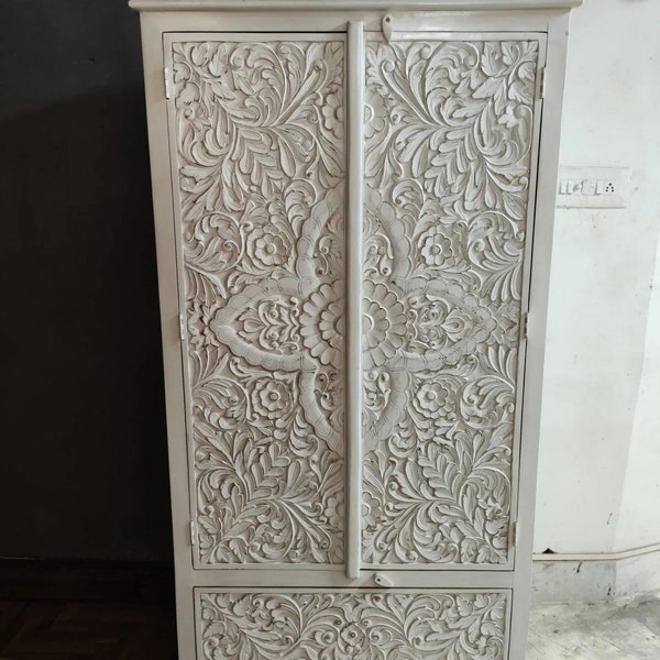 Cosmic Wooden Hand Carved Almirah, Cabinet with Drawer, Decorative Almirah, Indian Handmade Wardrobe