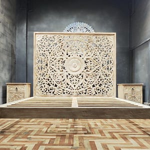 Hand Carved Queen Bed: Cosmic Indian Wood Bed with Bedside Tables