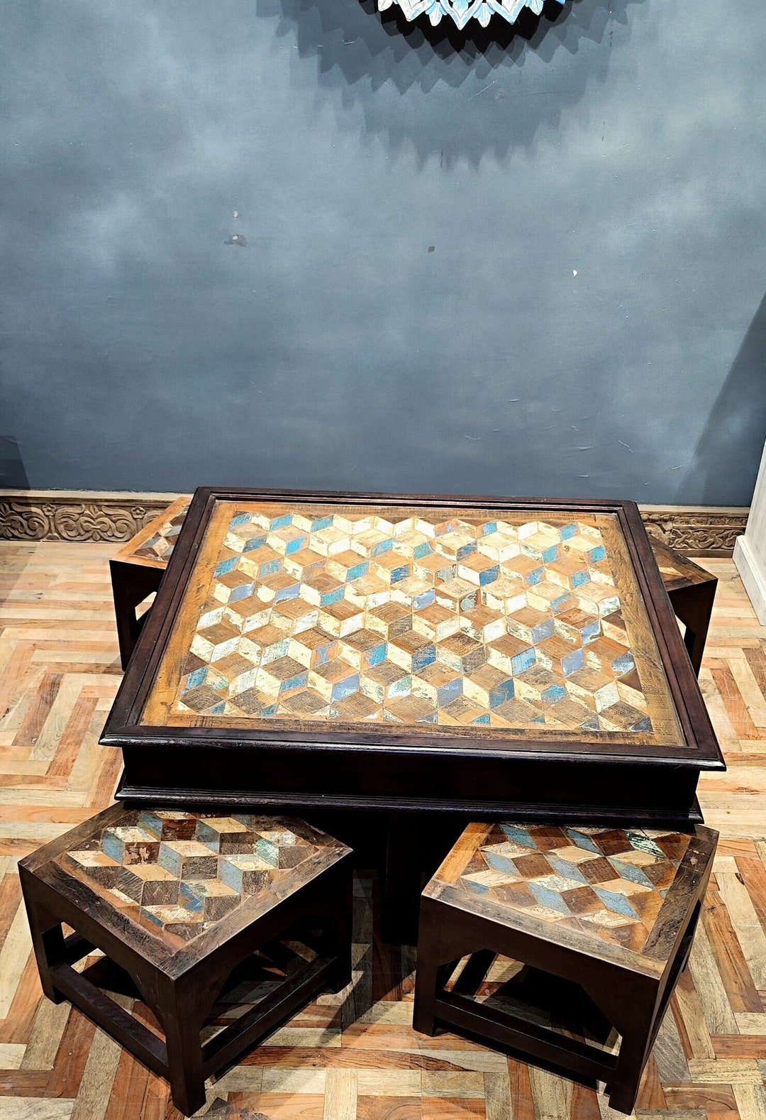 Coffee Table With Stool Set of 5, Reclaimed Wood Table, Handmade