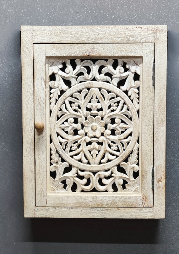 Hand Carved Wooden Wall Cabinet: Jali Floral Shelf, Rustic Decor