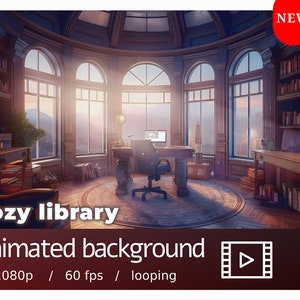 May include: An animated background featuring a cozy library with a large window overlooking a city skyline. The library has a wooden desk with a laptop, a chair, and bookshelves filled with books. The text "cozy library animated background 1080p / 60 fps / looping" is displayed at the bottom of the image.