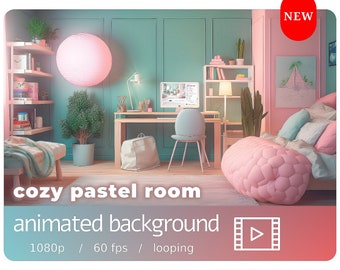 Fondo animado de una acogedora habitación en tonos pastel / Superposición para transmisión de VTuber (descarga digital)