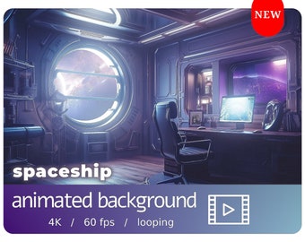 Puede incluir: Un interior de nave espacial con una gran ventana que muestra un planeta y estrellas. La habitación tiene un escritorio, una silla y un monitor de computadora. El texto "spaceship animated background 4K / 60 fps / looping" está en la parte inferior de la imagen.