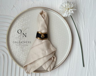 Elegant Genuine Leather Napkin Rings - Handcrafted, Custom Designed Black & Gold Gilded Rings for Fall 2023 Thanksgiving napkin rings