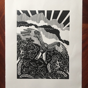 Handbedrukte Rode Wouw Linosnede Print