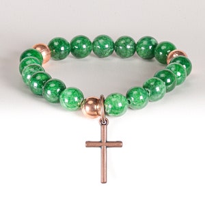 Christian Bracelet -  Fresh - Green Agate -  copper pieces that serve as a reminder of the Holy Trinity: God, Jesus, and Holy Spirit