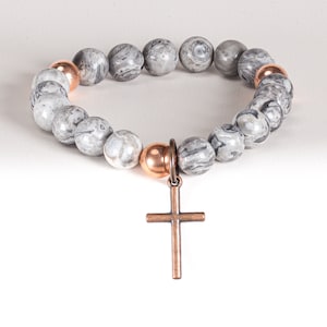 Christian Bracelet - Gray Jasper -  copper pieces that serve as a reminder of the Holy Trinity: God, Jesus, and Holy Spirit