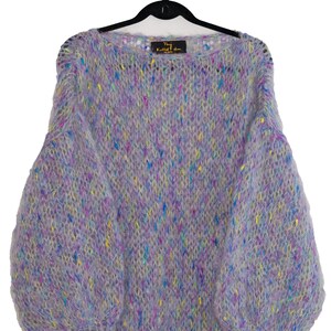 Lilac hand knitted mohair jumper with multicoloured accents.