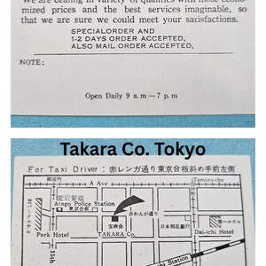 Puede incluir: Imagen en dos partes con texto. La sección superior anuncia Takara Co., una tienda de kimonos, con información de contacto y horarios. La sección inferior es un mapa de Takara Co. en Tokio, con calles y puntos de referencia.