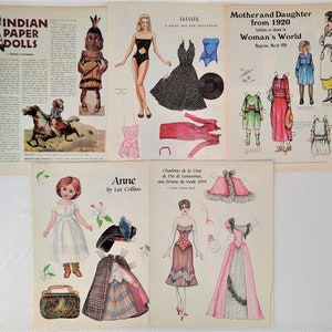 May include: A collection of vintage paper dolls and fashion illustrations. Includes a Native American doll, a bride with her trousseau, and a mother and daughter from 1920. Also features a doll named Anne and a fashion illustration from 1894.