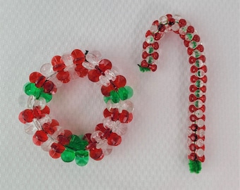 Vtg 70s Hand Crafted Christmas Wreath, Candy Cane Ornaments -Wire Red Green Clear Beads