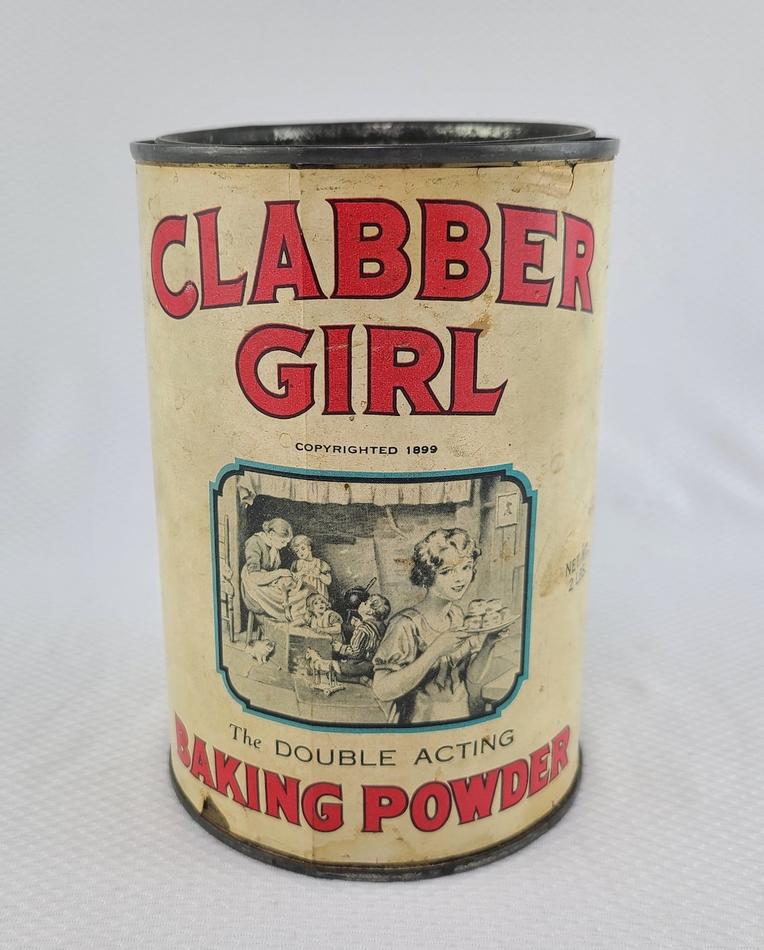 Vintage Clabber Girl Baking Powder 2 Lbs Metal Tin Can, Advertising 6