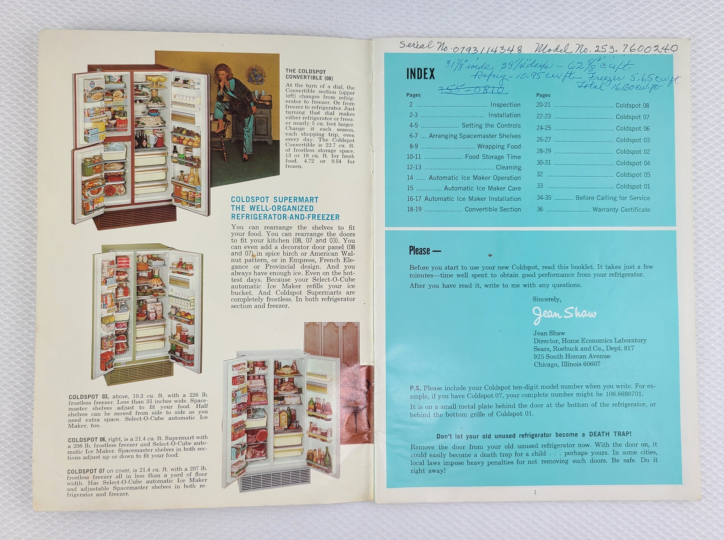 Vintage Sears Catalog Coldspot Freezer Refrigerator Owner Manual 1968