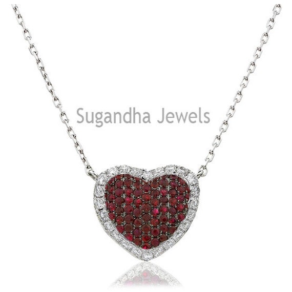 Ruby Heart Pendant, Ruby and Diamond Pave Heart Shape Pendant