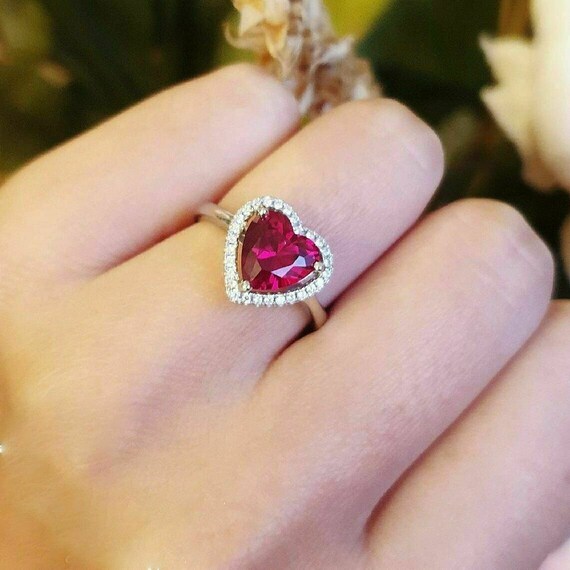 Sterling Silver Rhodium-plated Lab Created Ruby and CZ Heart Halo Ring Size  7