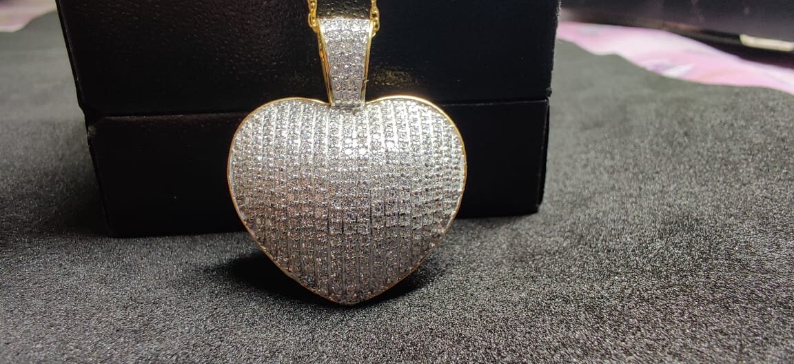 Iced Out Ladies Big Pave Diamond Heart Locket Pendant w Picture 14K Yellow  Gold
