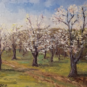 Cherry blossoms, original painting on canvas, landscape painting of flowering trees, knife painting, spring landscape painting