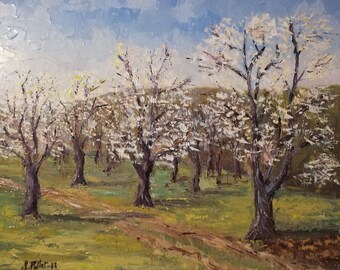 Cherry blossoms, original painting on canvas, landscape painting of flowering trees, knife painting, spring landscape painting