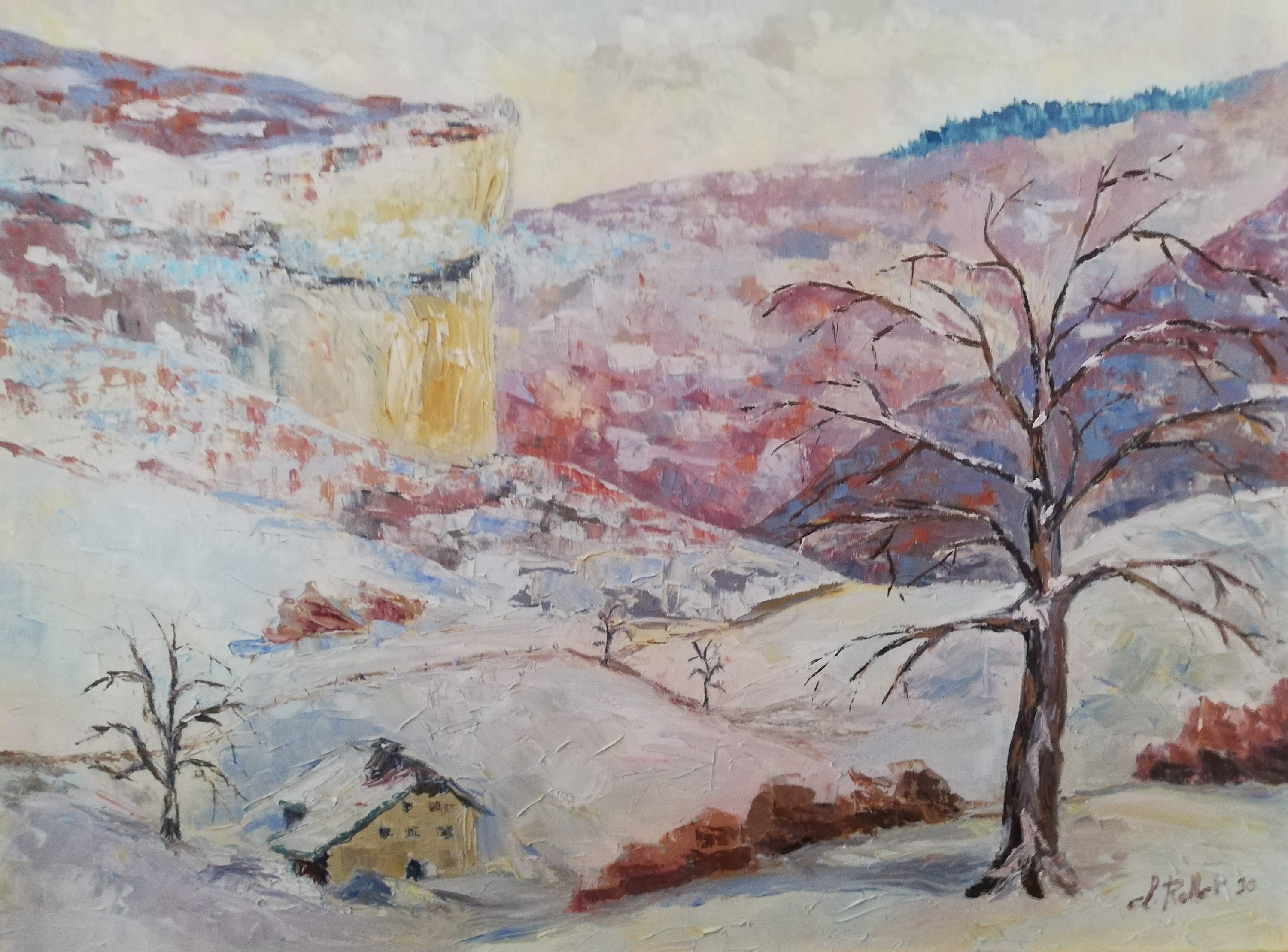 Winter at the Roche de Bief original oil on canvas