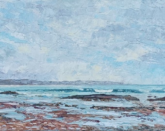 Eclaircie océane, peinture originale sur toile de lin, vagues et récifs, paysage marin, bords de mer.