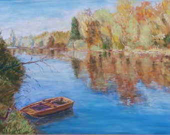 PASTEL painting, The banks of the Doubs in Valentigney