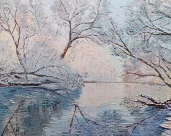 Winter morning, original painting on canvas, palette knife painting, winter landscape painting, frozen river landscape