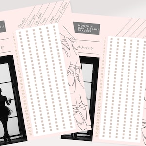 May include: A printable monthly dance habit tracker with a pink background and a black and white silhouette of a ballerina in a window. The tracker has a grid of squares for each day of the month and includes a list of dance activities to track, such as stretch, technique, leaps, turns, and dance combinations.