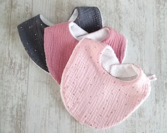 Bavoirs bébé rose et gris  fait main, double gaze coton, cadeau naissance, 0/12 mois, vendus à l'unité