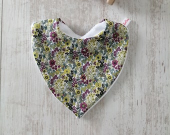 Bavoir bandana bébé, coton fleuri type liberty, vert jaune violet, 0/24 mois