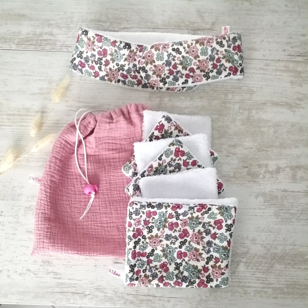 Lingettes, serviette de visage, bandeau de soin, en  gaze fleuri et bambou, pochon double gaze rose, cadeau maman bébé, vendus séparément