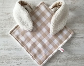 Doudou plat oreilles lapin vichy crème et fausse fourrure sherpa, cadeau naissance