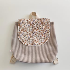 Customizable backpack, in taupe corduroy and double floral gauze, nursery, daycare, nanny, gift for her