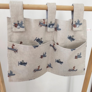 Soft toy storage/bed pocket/bed organizer, blue airplane pattern cotton canvas