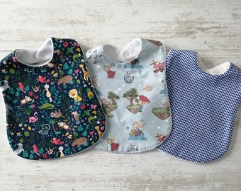 Bavoirs grande taille bleu  vichy, motif tropical ou le petit prince en coton et bambou, 6 mois à 3 ans vendus à l'unité