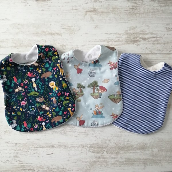 Grands bavoirs bleu  vichy, motif tropical ou le petit prince en coton et bambou, 6 mois à 3 ans vendus à l'unité