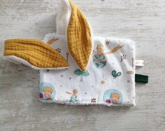 Doudou plat  oreilles lapin, motif Le petit Prince envers sherpa, cadeau naissance