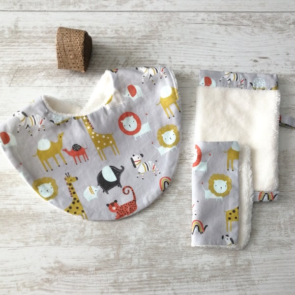 Bavoirs bébé  motif savane, mini gant et lingette assortis, 0/24 mois, cadeau naissance, vendus en coffret
