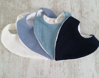 Bavoirs bandana bébé double gaze bleu marine, ciel, céladon, blanc, 0/24 mois, cadeau naissance, vendus à l'unité