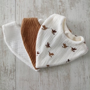 Double gauze baby bandana bibs, camel brown, white, bird pattern, 0/24 months, birth gift, sold together