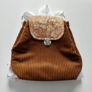 Small baby backpack in brown corduroy, double gauze interior, for nanny, nursery, unique customizable model