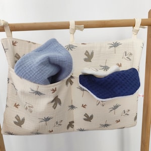 Soft toy storage/bed pocket/bed organizer, white double gauze with bird pattern, birth gift