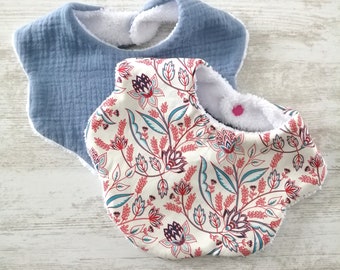 Baby bibs in flower or cloud shape, floral cotton arabesque pattern, double blue gauze, sold individually