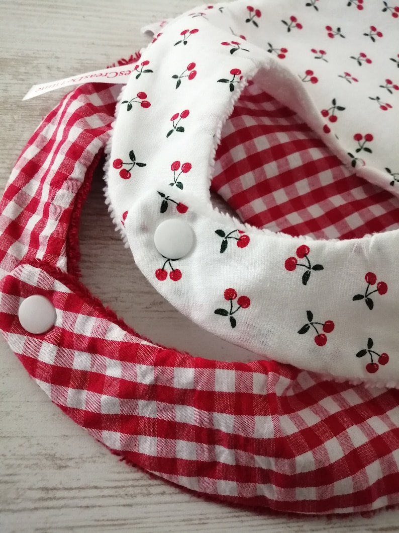 Large bibs 6 months to 3 years in bamboo, red gingham or cherry pattern, sold individually image 3