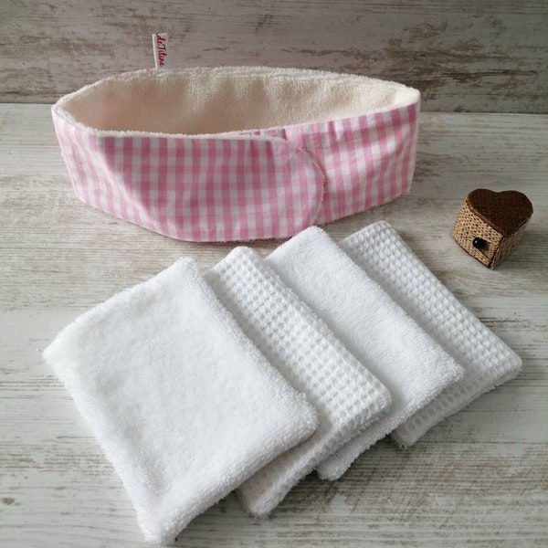 Bandeau à cheveux adulte vichy rose et lingettes de soin, bambou nid d'abeille