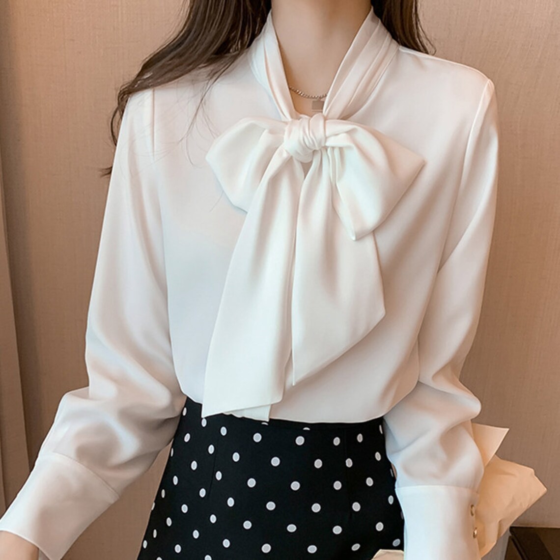 Office Lady Blouse Female Bow Shirt Long Sleeve Casual Korean - Etsy UK