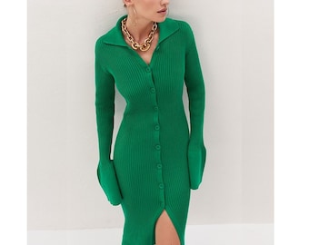 Knit Long Sleeve Sweater Dress Maxi Korean Dress Lady's Single Breasted Elegant Mid Split Slim Casual Robe Dresses Clothing