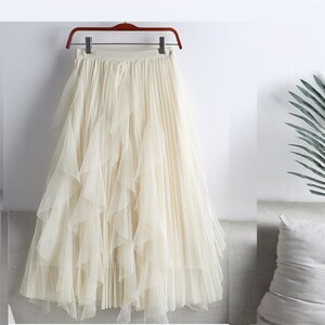 Women's without beads Petal Mid-length Ruffles Mesh Pleated Skirts - High-waisted Fairy A-line Long Tulle Skirts