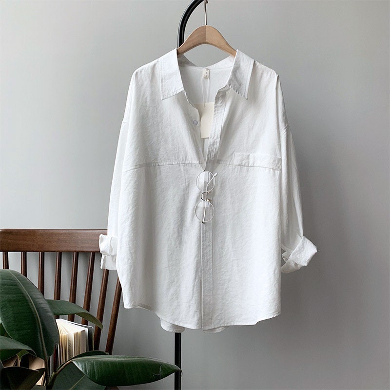 Women Cotton Lapel Shirt Blouse Oversized Button up Long - Etsy UK