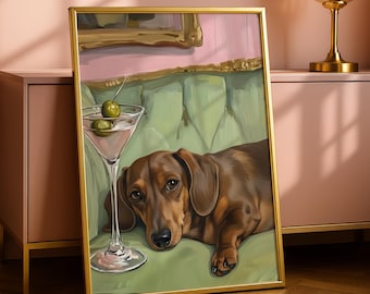 Grafika do druku z jamnikiem Martini, dekoracja ścienna dla jamnika, plakat z koktajlem w stylu retro (pobranie cyfrowe)